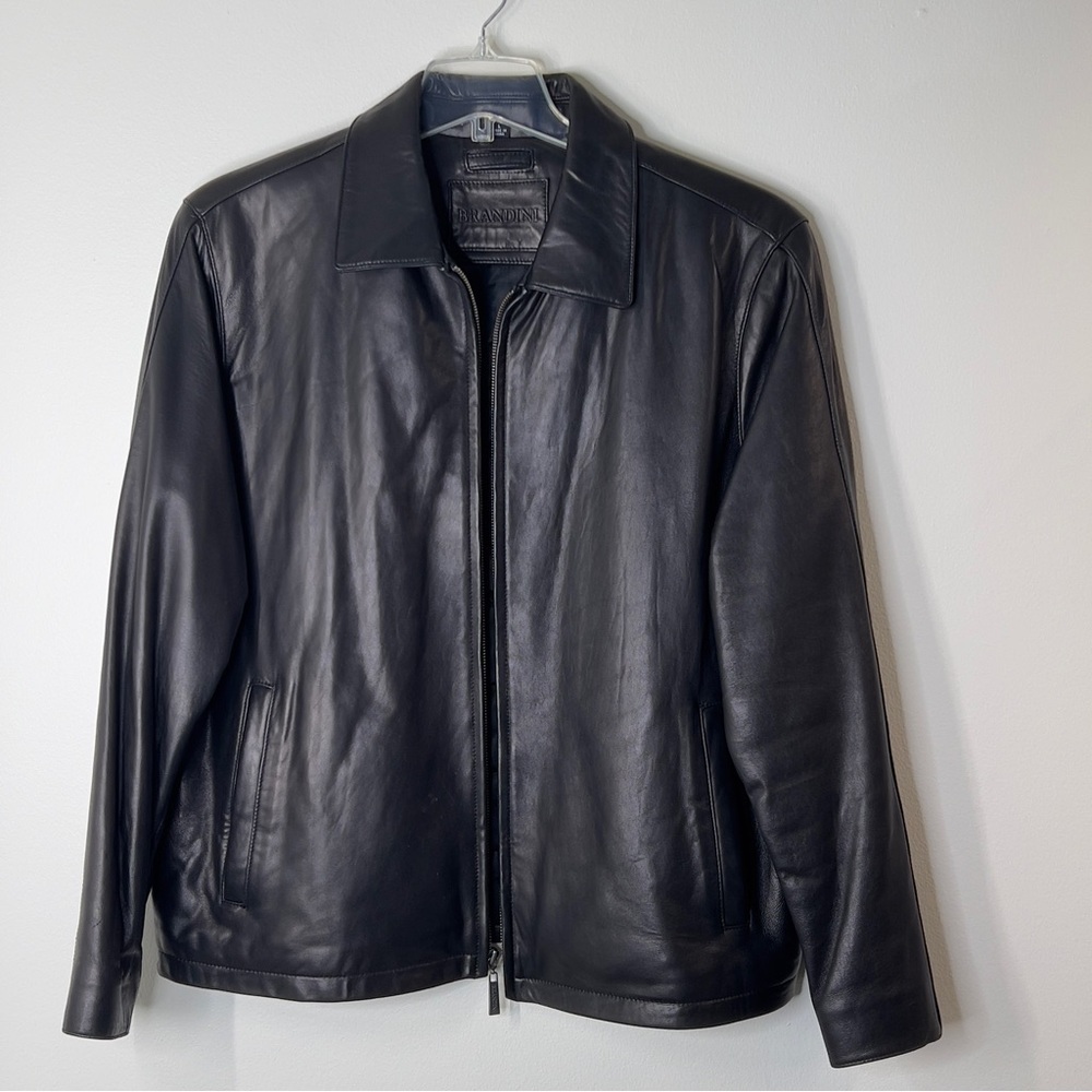 BRANDINI Men’s Size L Black Zip Up Leather Coat Shirt Collar Pockets Jacket
